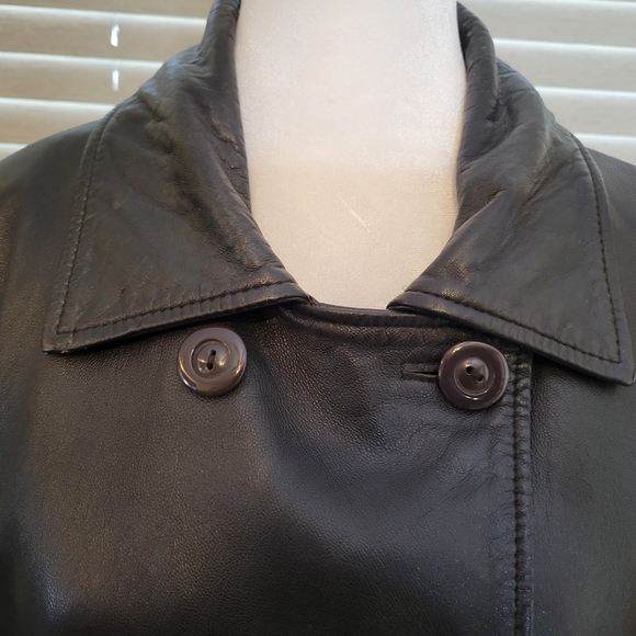 Brown Genuine Leather Sleek Ladies Double Breasted Jacket, Size Large, - Picture 4 of 15